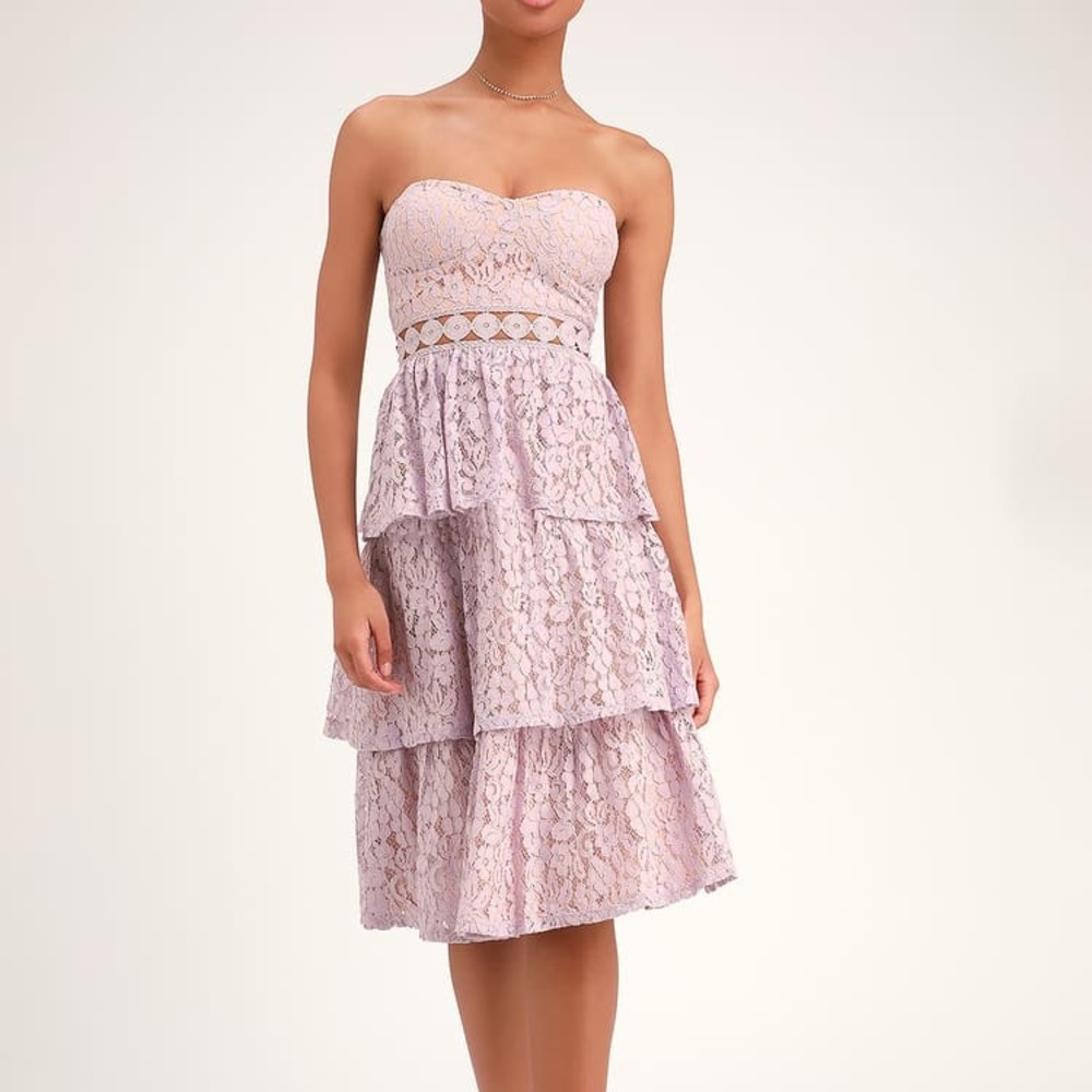 Lulu’s Adorn Lavender Lace Strapless Midi Dress